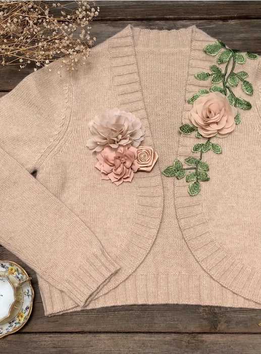 Beige Floral Botanical Cashmere Sweaters for Women