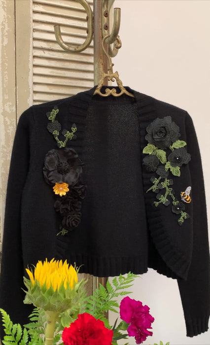 Black Floral Botanical Cashmere Sweaters for Women